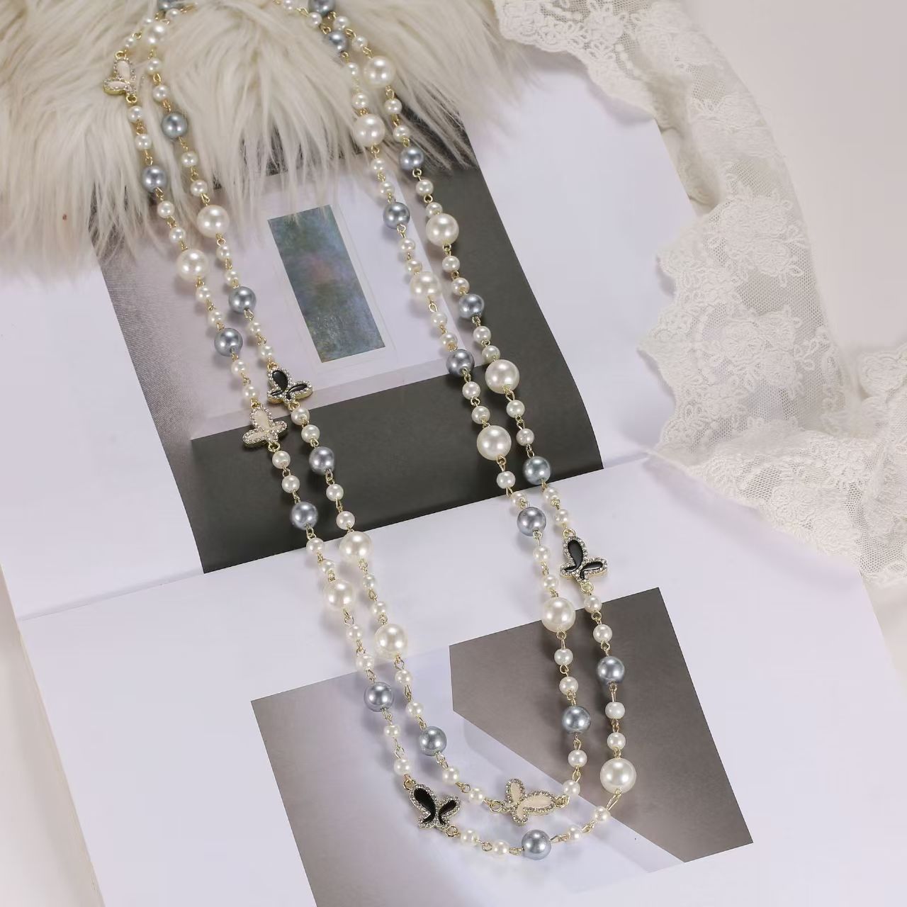 193 white gray black and white butterfly necklace