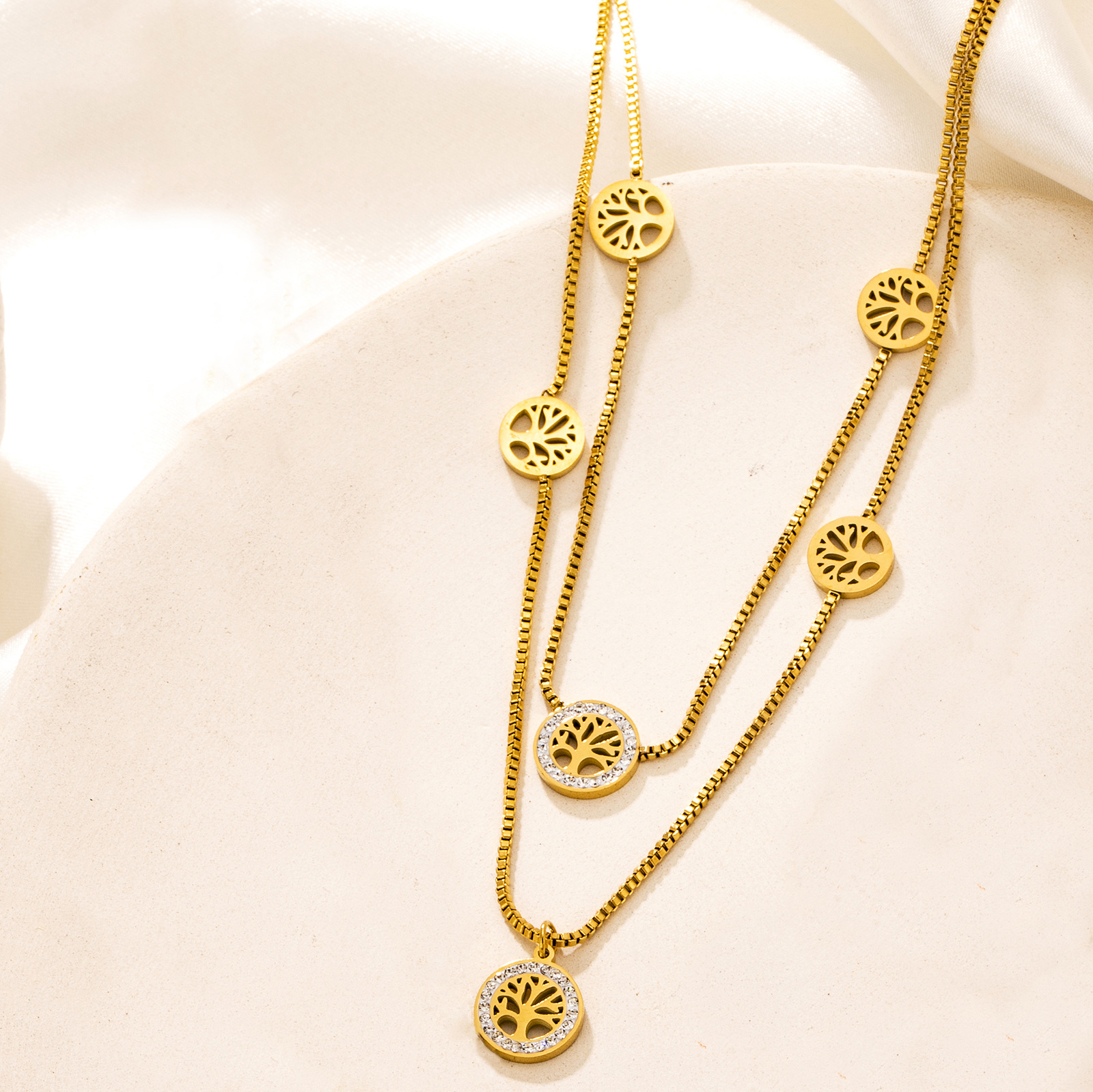 Ethnic Style Tree Stainless Steel Titanium Steel Plating Hollow Out Inlay Zircon Layered Necklaces 1