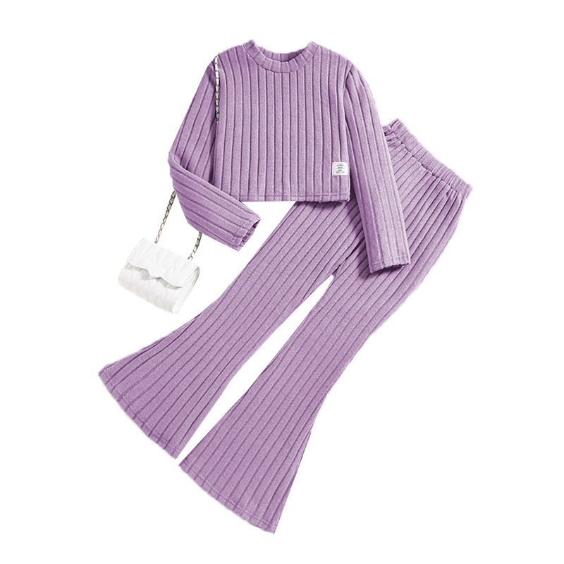 Tuta casual da bambina autunno e inverno 2024, nuovo capo, top a maniche lunghe con righe, pantaloni svasati, abbigliamento per bambini_voghion.com