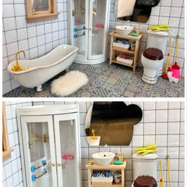 1:12卫生间迷你场景马桶淋浴房手套洗手盆香皂浴盆镜子扫把模型