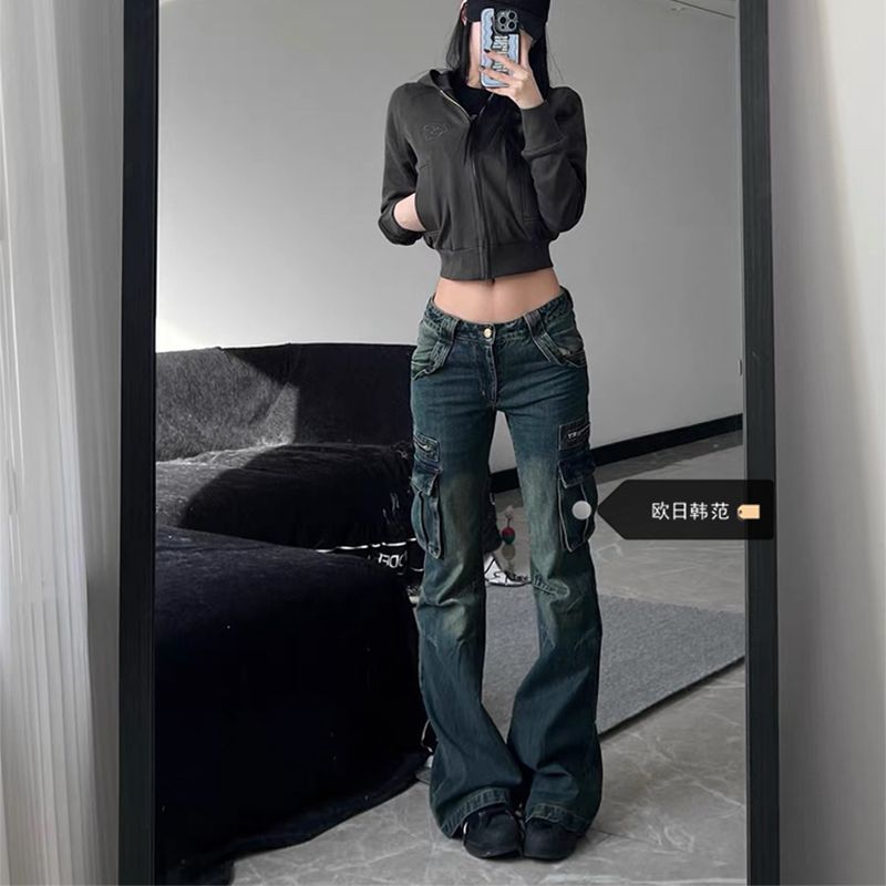 修身显瘦微喇牛仔裤女2025年低腰收腹喇叭口袋设计感裤拖地裤秋季|undefined