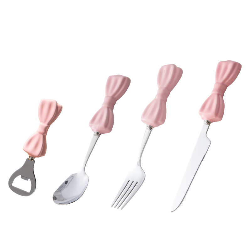 Ins Style Large Bowknot Creative Ceramic Handle 304 Stainless Steel Knife High Appearance Fork Dessert Spoon_voghion.com