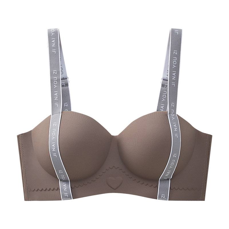 Nuevos productos sin anillo de acero belleza de espalda sin marca ropa interior letras cinturón de hombro pecho pequeño colapsado lateral sujetador de mujer transmisión en vivo