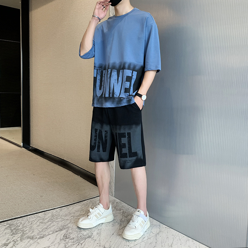 Camiseta de algodón de hombre de mangas cortas, ropa de dos piezas para hombres, combinación de estudiantes jóvenes guapos, tendencia de letras coreanas.