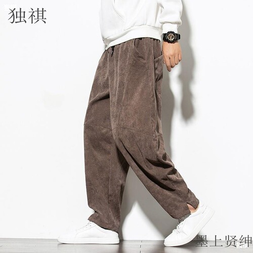 Men's Spring and Summer Straight Leg Pants Loose Tapered Corduroy Harem Pants Korean Style Trendy Sport Pants