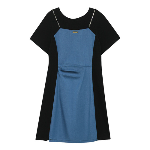 Fat MM does not pick a figure, retro denim stitching dress, women's new summer dress, covering the belly and showing slimming A-line short skirt