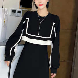慵懒风设计感小众短款连衣裙女2022秋季撞色拼接假两件卫衣包臀裙