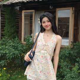 【有内衬】减龄碎花挂脖吊带背心女夏显瘦V领露背无袖修身百搭上