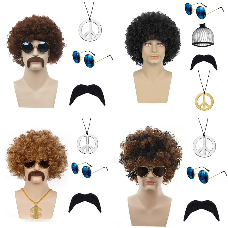 European and American Men's Rock Hair Halloween Disco Hippie 80S Punk Big Dollar Necklace Black Curly Wig European and American Men's Rock Hair Halloween Disco Hippie 80S Punk Big Dollar Necklace Black Curly Wig