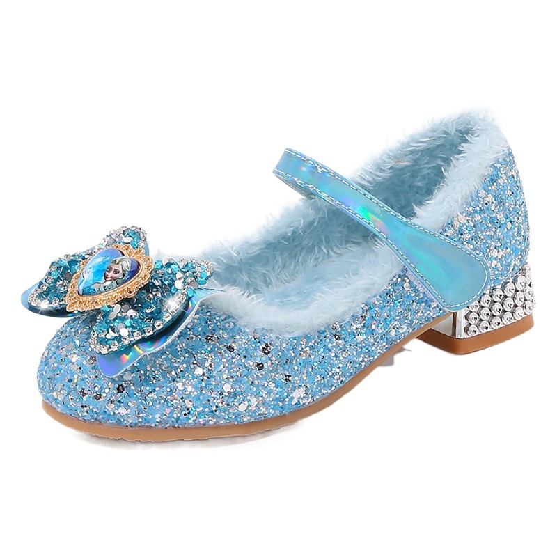 Zapatos de algodón de princesa Elsa de tacón alto para niñas, zapatos con lentejuelas para otoño e invierno, nuevo estilo, 2024