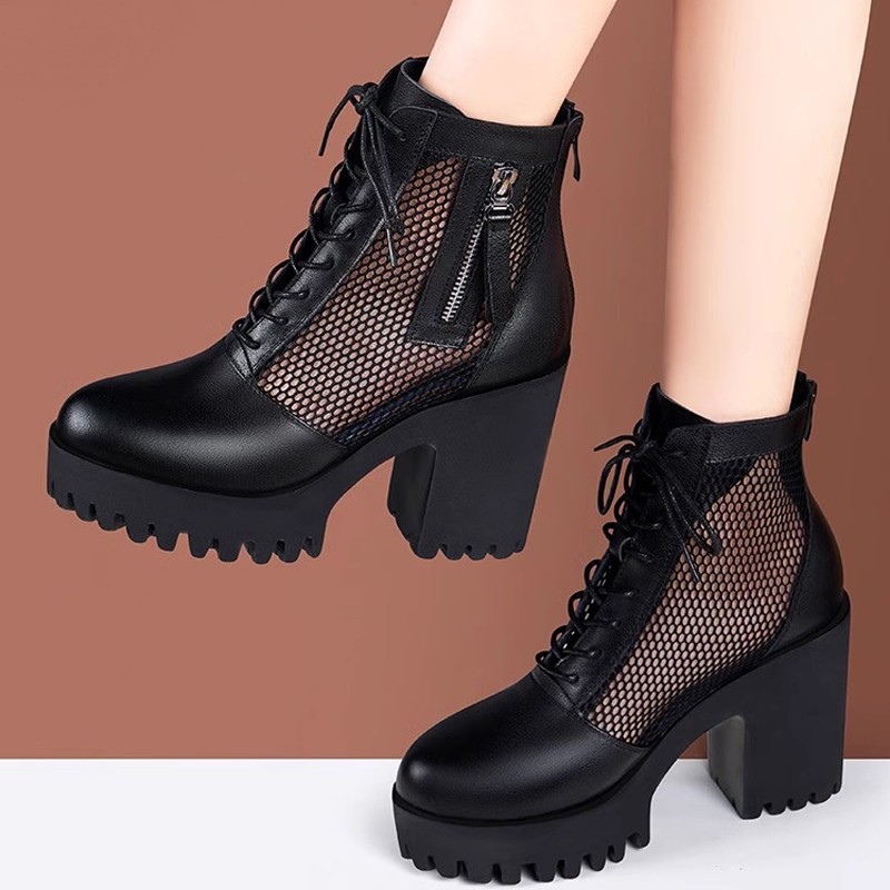 Botas de talón alto para mujeres 2026 nuevo tipo de suela suave ligera de moda versátil con lazos respirables botas frías de talón grueso botas individuales