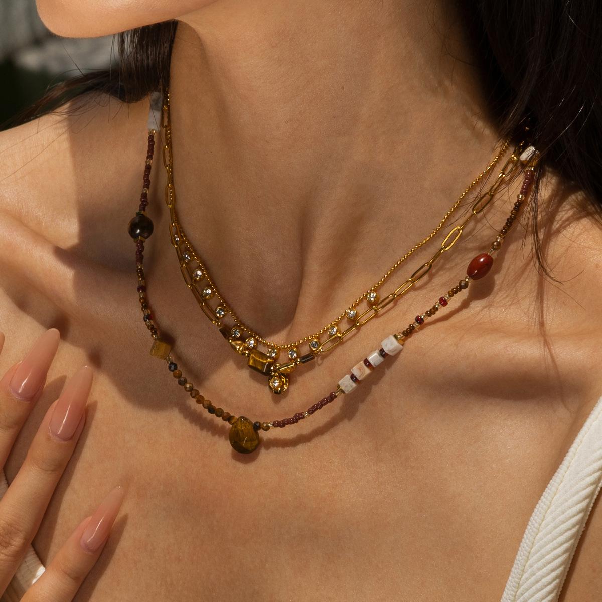 Taena collar de acero inoxidable europeo y americano, lujo ligero, sentido de alta gama, moda para mujer, collar de circón de piedra natural, venta caliente transfronteriza para mujer