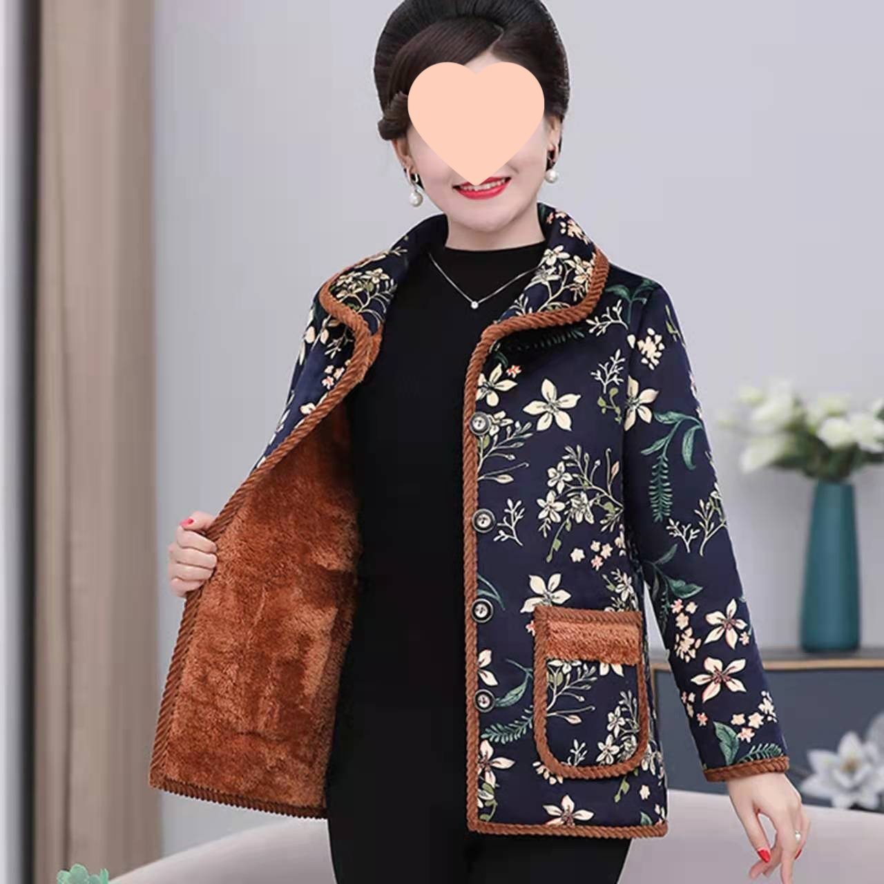 中老年女装棉衣短款翻领保暖加绒加厚妈妈冬装花棉袄老年棉服上衣