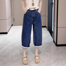 深蓝大码八分哈伦牛仔裤女夏季薄款小个子宽松高腰显瘦直筒阔腿裤