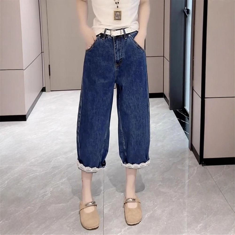 深蓝大码八分哈伦牛仔裤女夏季薄款小个子宽松高腰显瘦直筒阔腿裤