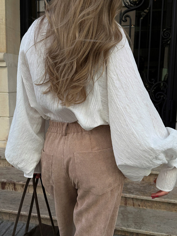 Quần ống rộng nữ cotton nhung kẻ sọc dáng suông lưng giữa phong cách retro — kaki nhạt, mơ chi tiết 22