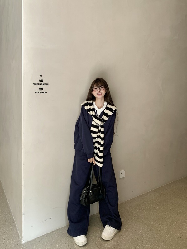 休闲套装拼接假两件长袖卫衣条纹披肩女秋季灰色运动阔腿裤三件套|undefined