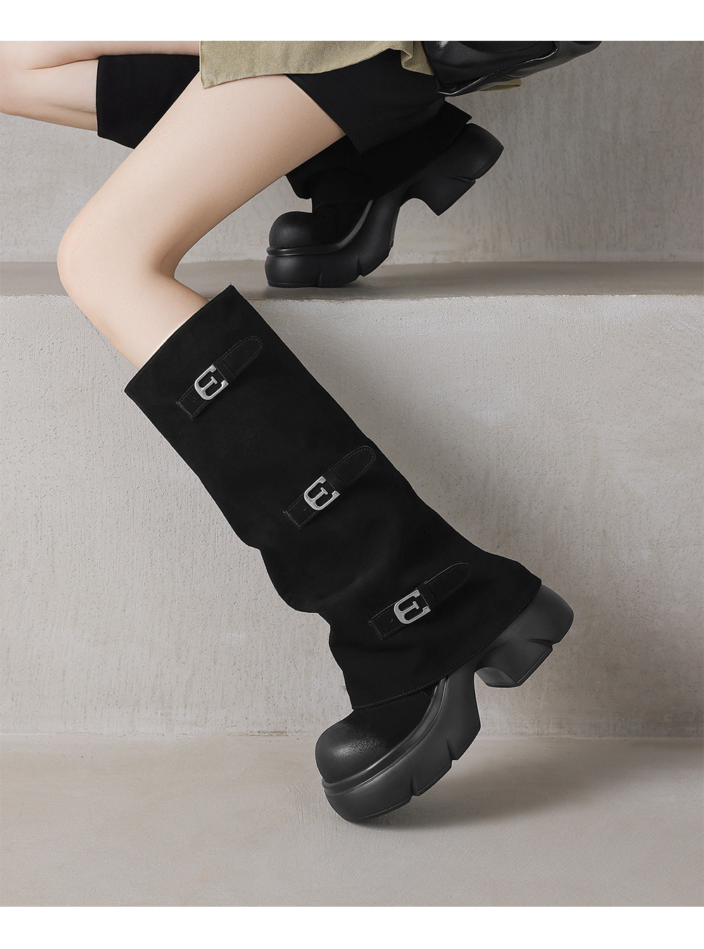 Boot nữ da lộn đế dày phong cách biker, gót platform 5 cm — màu đen chi tiết 12