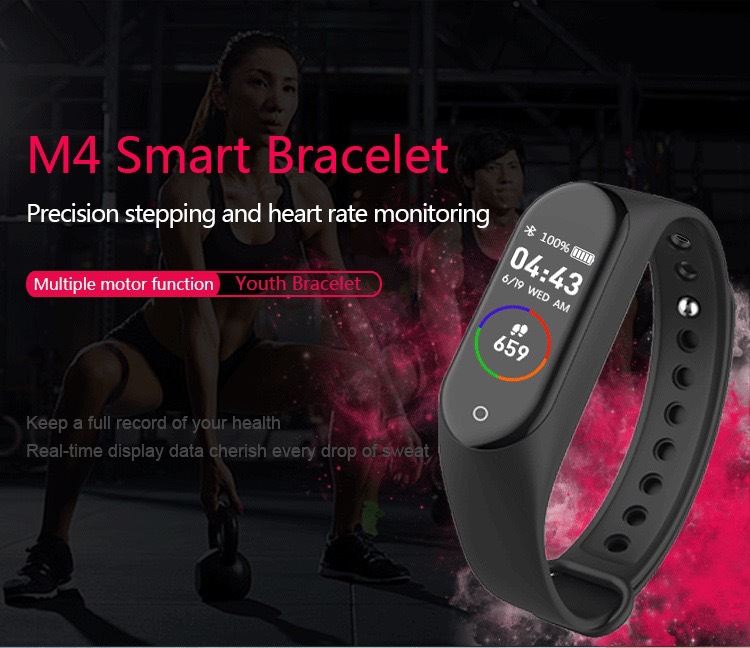 Bluetooth sports heart rate, blood oxygen, blood pressure monitor, step sleep, health monitoring, reminder, customizable, waterproof M4 smart bracelet full figure
