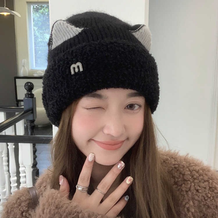 Autumn Winter For Women Sweet Cute M Cat Ear Plush Versatile Cold-Proof Pullover Outdoor Knitted Hat_voghion.com