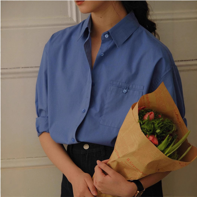 25 Organic Mian Certificate Eco-Friendly Prussian Blue/Pink French Shirt Tops Women's Jacket