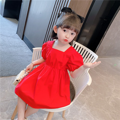 女童夏裝連衣裙新款 洋氣中小童純色泡泡袖薄款 蝴蝶結露背公主裙