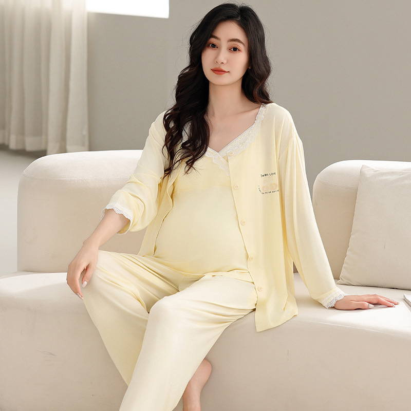 モーダルカーディガン レディース パジャマ マタニティ サスペンダー 長袖ズボン 春夏 3点セット 授乳ベルト 胸パッド付き 産後服