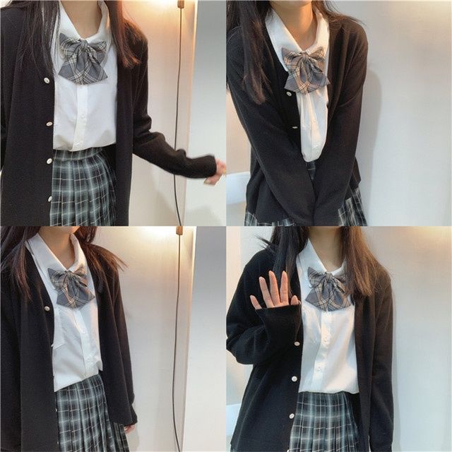 Camicia JK scozzese grigia senza cravatta per donna, stile college, versatile, casual, versione coreana, con papillon Changzhen_voghion.com