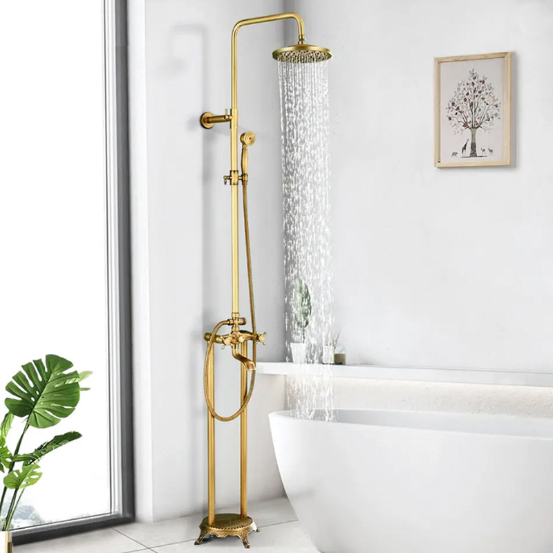 Antique-Style Copper Shower Set European Retro Shower Fixture Bathroom Hot and Cold Water Shower Head with Elevated Bathtub Edge