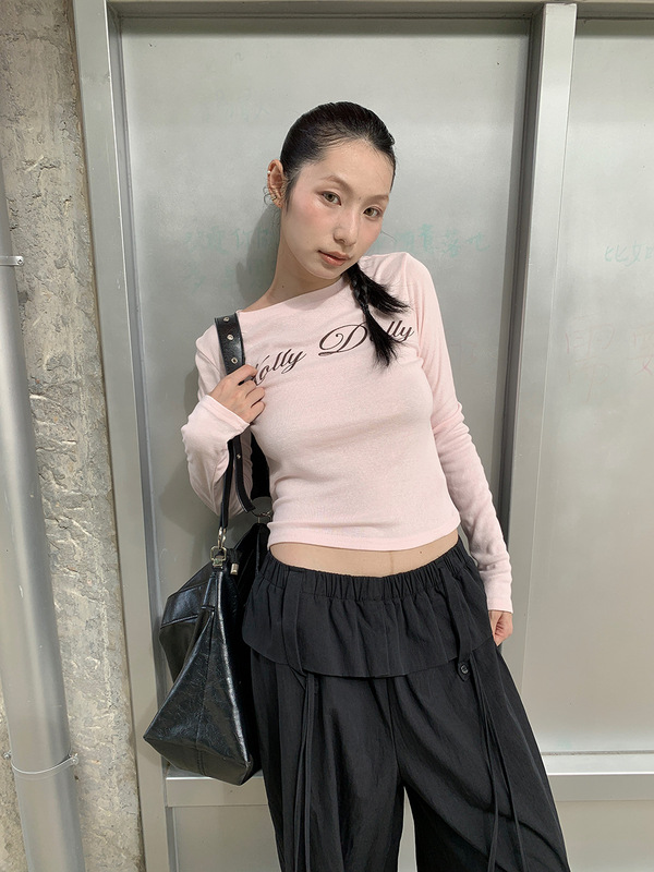 [9hour]辣妹风修身显瘦长袖t恤女 2025秋季正肩百搭上衣女c250613|undefined