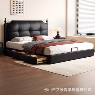 Lanmeng Bed French Mid-Century Style Retro Small Apartment Storage Genuine Leather Top Layer Cowhide Bed Black Double Master Bedroom Large Bed