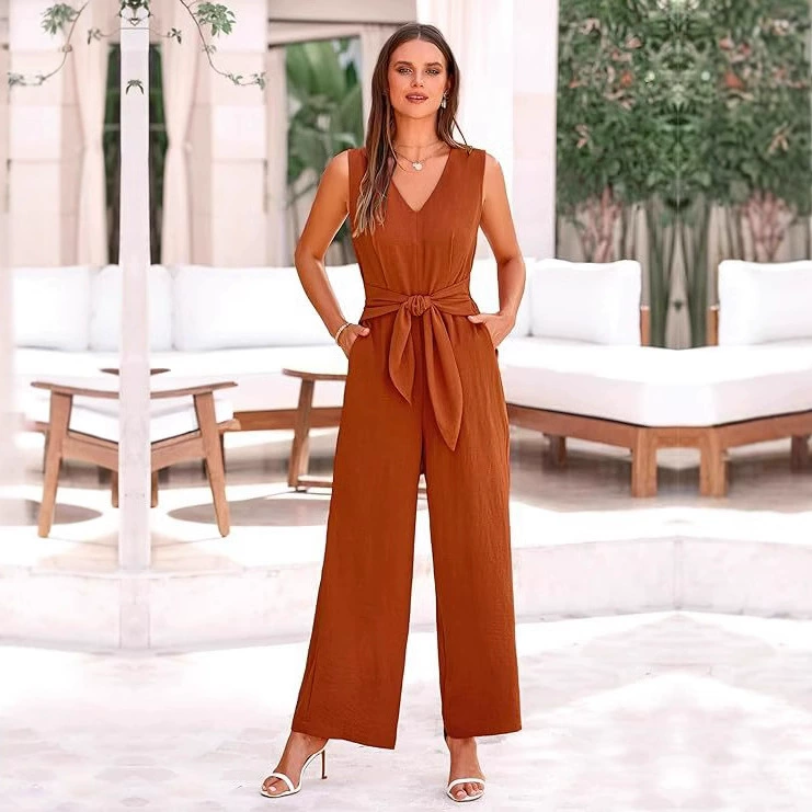 2025 весна-лето европейский и американский женский новый экспортный комбинезон с V-образным вырезом и широкими штанинами, безрукавный комбинезон с поясом для женщин