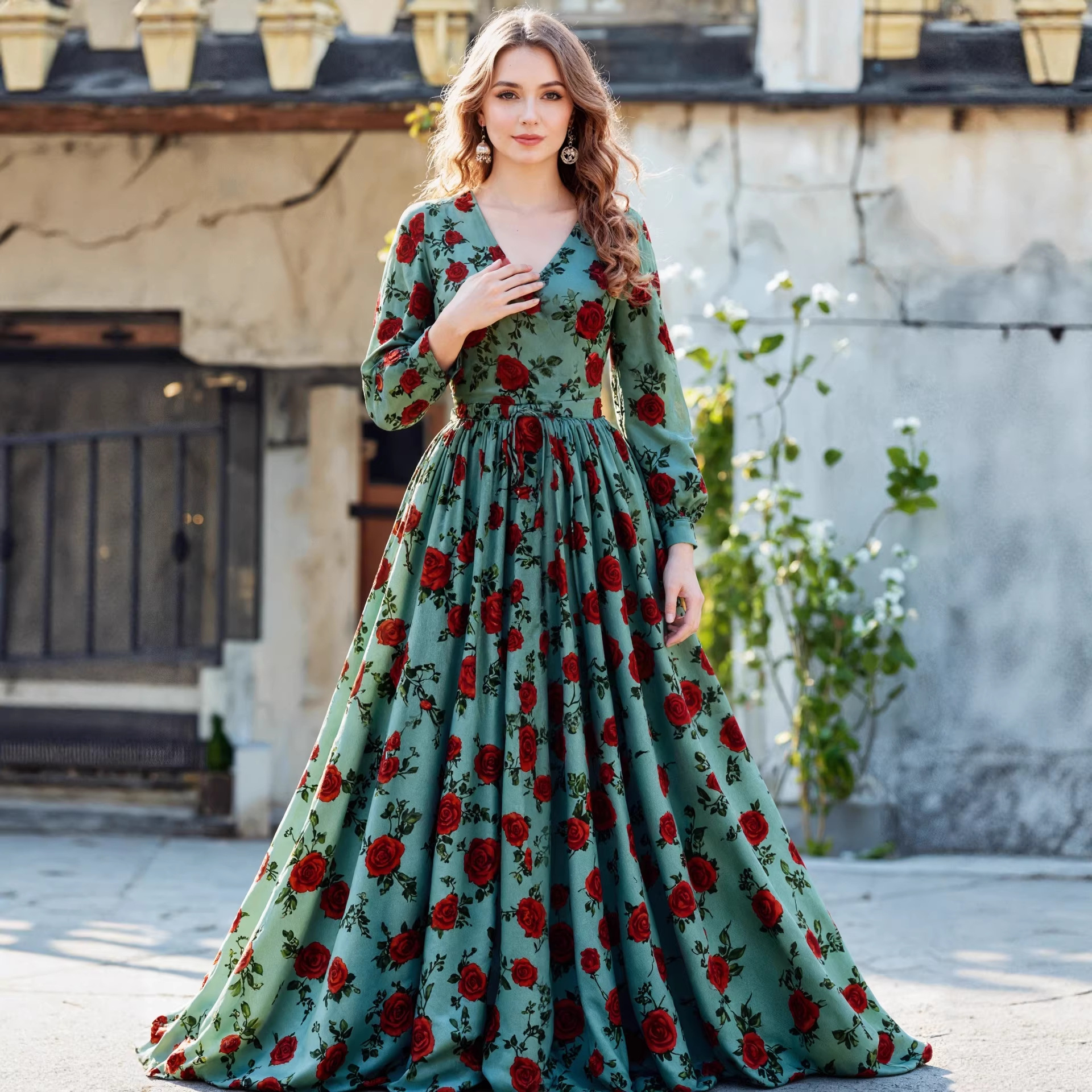 Women's Retro Elegant Slimming Printed Dress V Neck Long Sleeve Charming Fashionable_ecoleips.com