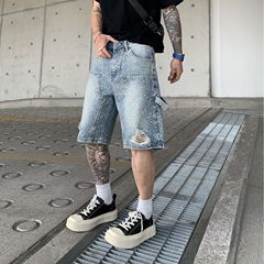 クロスボーダーブラックホットダイヤモンドフルダイヤモンドデニムショートパンツメンズ夏のトレンディなブランドルーズストレートカジュアルワークウェアクロップドパンツ男性用