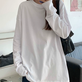 白色长袖t恤女早春简约宽松纯棉打底衫春秋叠穿内搭纯色体恤上衣