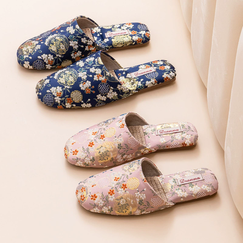 Холодные тапочки женский 2025 весенний летний интерьер домашний антискользящий говяжий сухожилий вышивка высокого класса льняные тапочки в китайском стиле