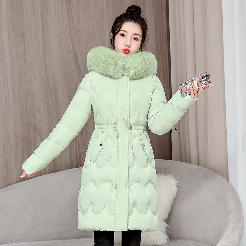 Invierno nuevo tipo de ropa de algodón gruesa media y larga mujer estilo coreano sobre la rodilla cintura delgada chaqueta de algodón de cuello caliente abrigo de pluma