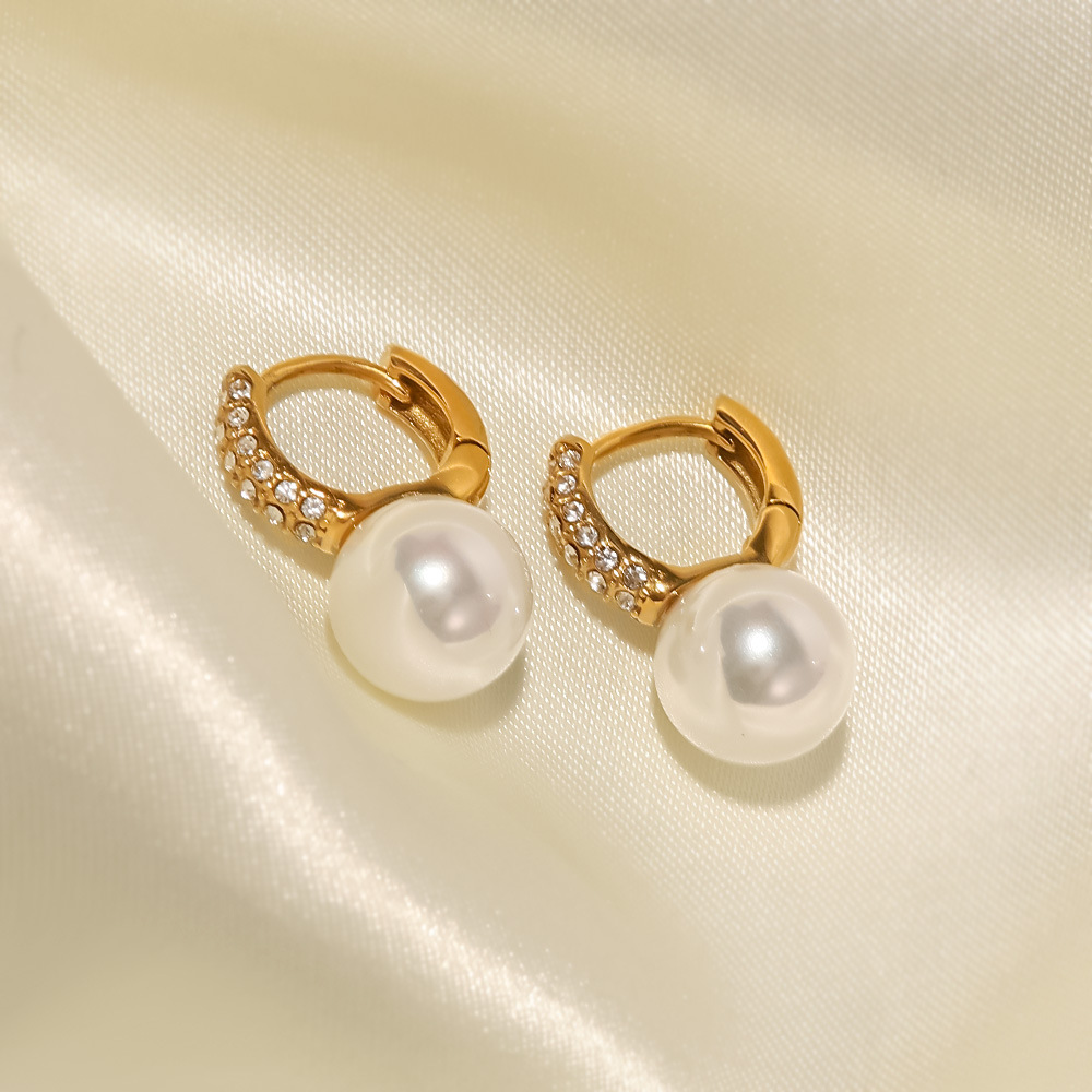 Simple Style Circle Stainless Steel Earrings Inlay Pearl Zircon Stainless Steel Earrings 1 Pair