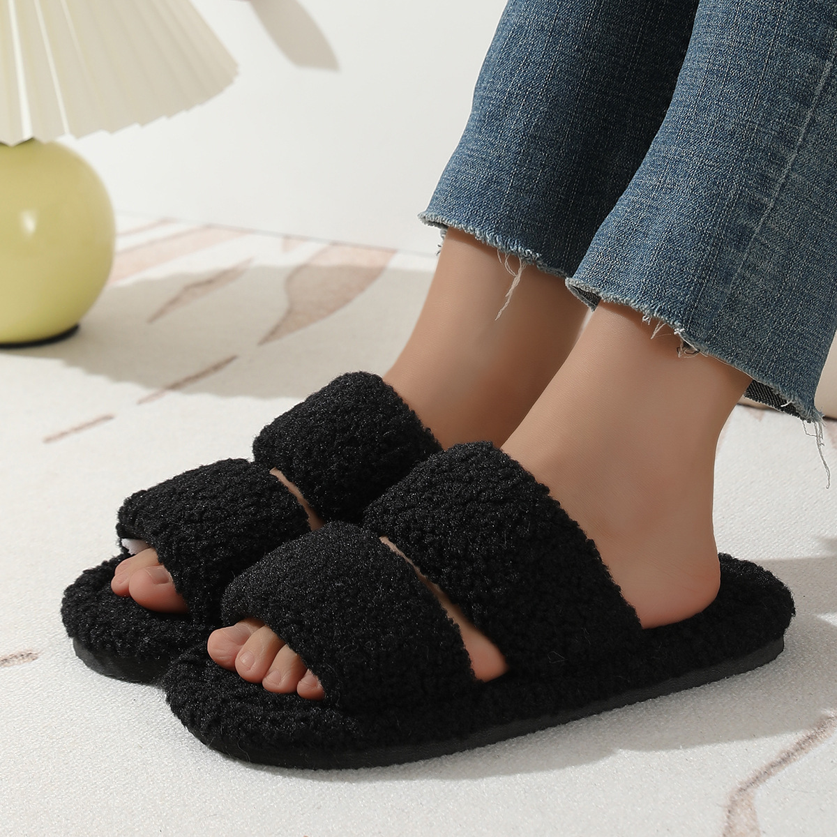 2026 otoño nuevas zapatillas zapatillas de lana plana de peluche de fondo suave zapatillas de algodón zapatillas cálidas para el hogar