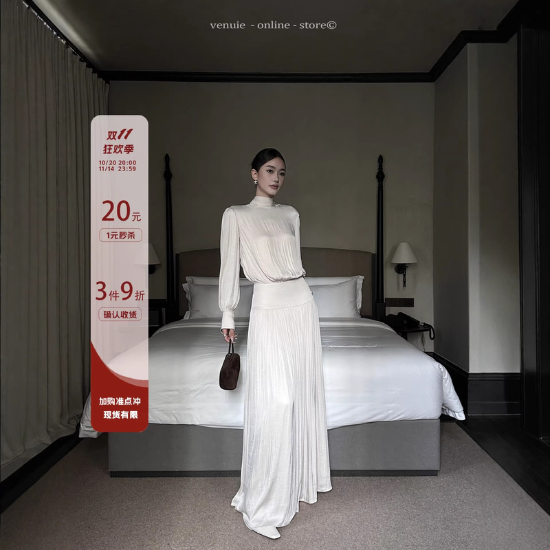 Venuie French Style Satin Long Pleated Long-Sleeved Dress for Women Spring Light Evening Dress Pleated Long Skirt