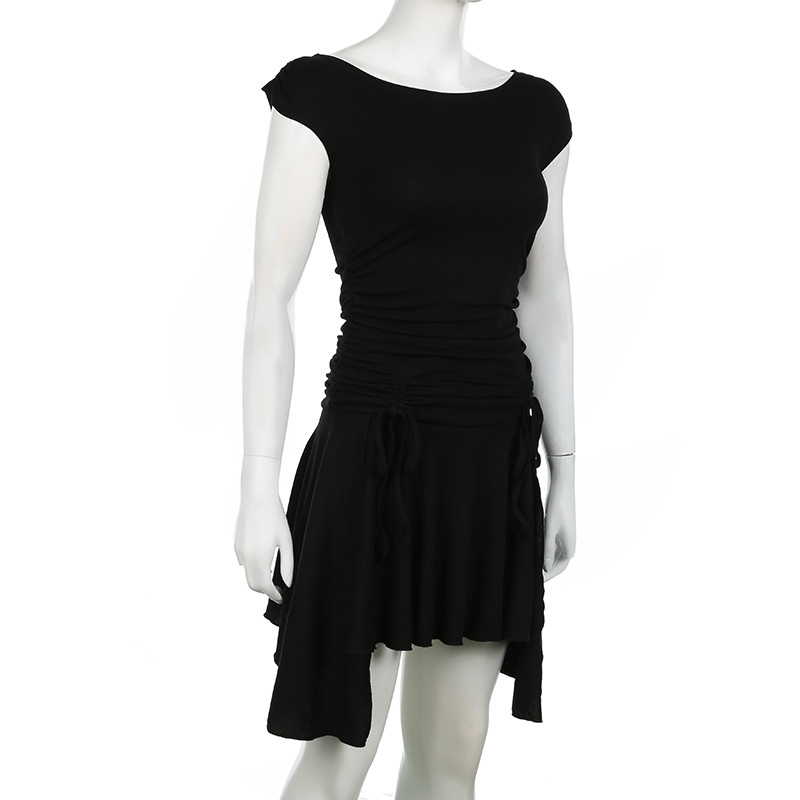 Sexy Drawstring Lace Pleated Waist Tight Slimming Irregular Asymmetric Dress Multiple Wear off the Shoulder Slim Fit