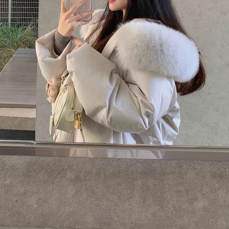 You/Winter Gift Cute White Duck down Short down Jacket with Fox Fur Hood for Women, New Winter Style with Large Fur Collar