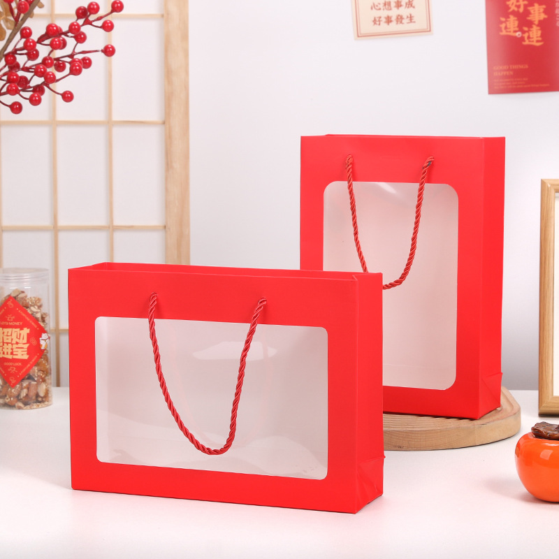 Red window-opening transparent vertical handbag baking packaging national trend gift hand bag New Year gift box packaging paper bag