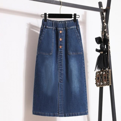Spring new style elastic waist large size elastic split denim skirt fat medium long straight simple skirt