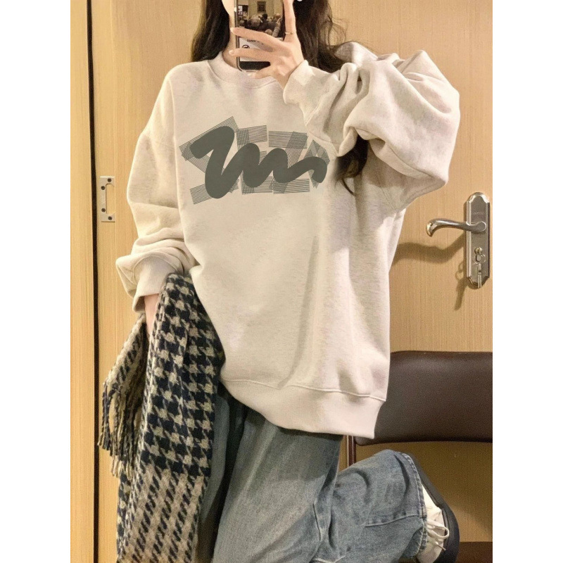 아메리칸 스타일 레트로 화이트 그레이 라운드 넥 스웨트 셔츠 여성용 느슨한 봄과 가을 틈새 디자인 센스 긴 소매 홍콩 스타일 탑 재킷