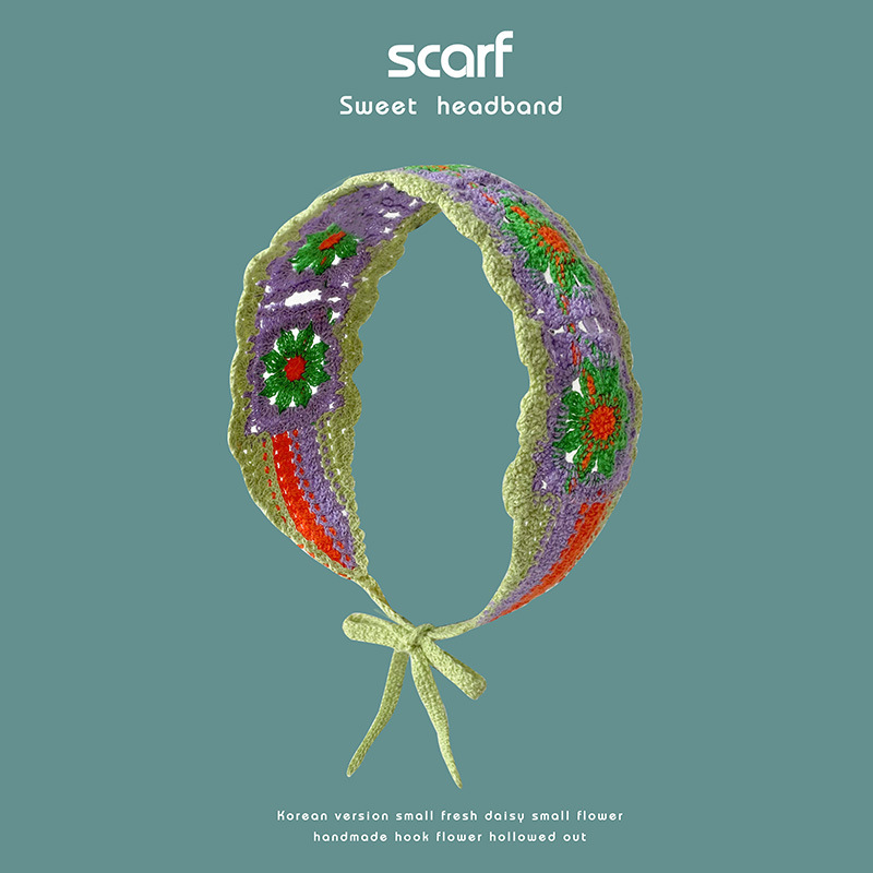 Nuevo colorido estilo étnico hecho a mano de ganchillo tejido banda de pelo de ala ancha estilo pastoral retro de las mujeres banda de pelo bolsa pañuelo sombrero