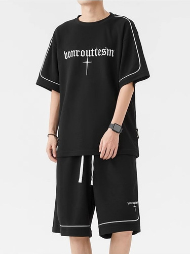 Plus-size men's summer fashion brand t-shirt, short shorts, basketball clothes, set of four-leaf clover casual sports suit