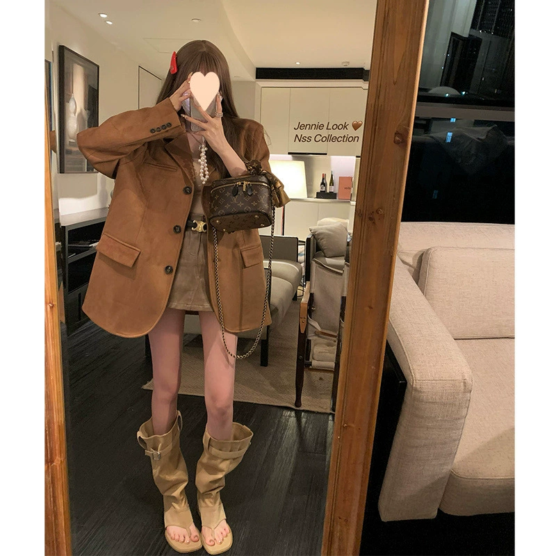 Костюм из замши с текстурой Maillard, нишевый коричневый ретро-пиджак для женщин, новинка осени 2025 года