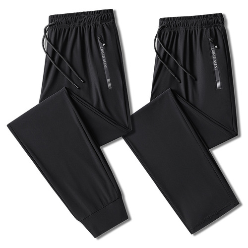 Summer couple ice silk trousers for men and women sports running quick-drying trousers warp knitted stretch large size trousers with printed LOGO