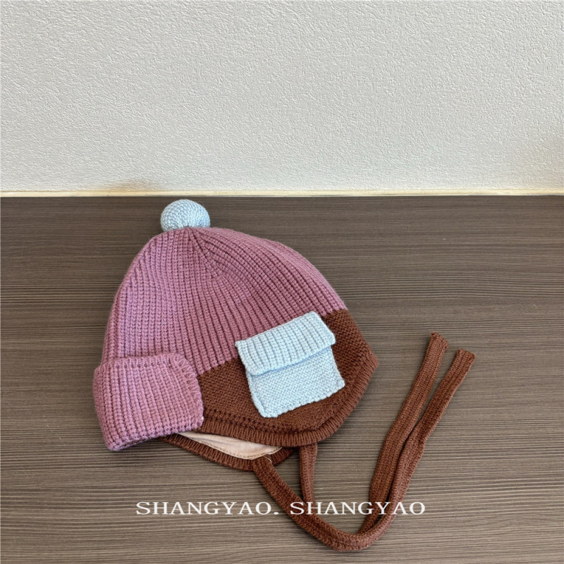 儿童帽子针织护耳帽冬季拼色小兜系带保暖帽宝宝冬天穿搭毛线帽潮|undefined